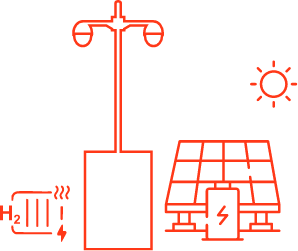 Piktogramm eines autarken mobilen Videoturms mit Mast, Kameramodulen, Solarpanel und Wasserstoff-Brennstoffzelle zur unabhängigen Videoüberwachung